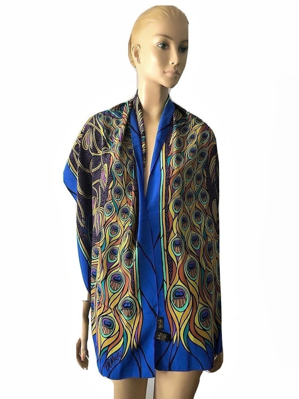 Bob Mackie Peacock Print Scarf Wrap in Blue Like New